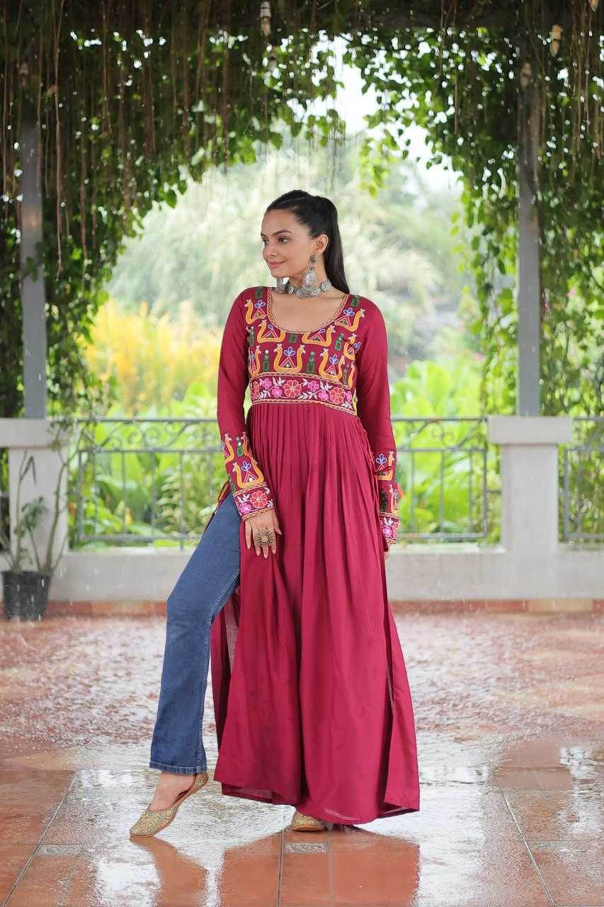 Reyon Cotton Long Embroidered Navratri Kurti - MYLUXURY LANE ENTERPRISE